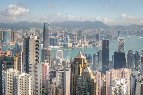 scenery of Hong Kong's Victoria Harbour and skyscraper buildings cityscape from Victoria Peak