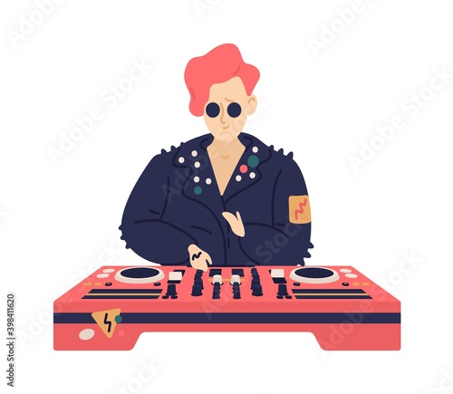 Young hipster female disc jockey play electronic dance music on dj console. T...