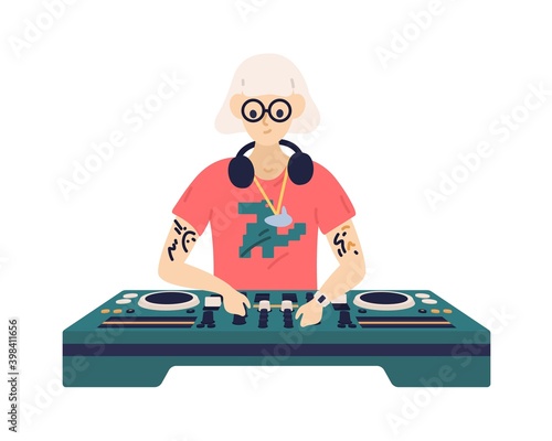 Trendy disc jockey play electronic dance music on dj console. Female musician mixing sound records on turntable panel. Flat vector cartoon illustration of music player isolated on white