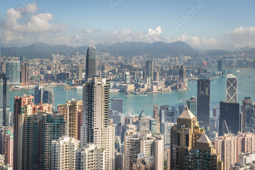 scenery of Hong Kong's Victoria Harbour and skyscraper buildings cityscape from Victoria Peak