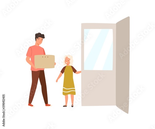 Polite child holding door for adult man carrying box. Courteous kid helping adult. Girl showing good manners, decency and comity. Flat vector cartoon illustration isolated on white background