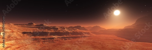 Alien surface of the planet at sunrise  Martian sunset  Mars at sunset  Sunrise on Mars  3D rendering