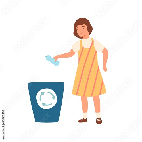 Girl throwing garbage in container. Kid dropping plastic bottle in litter bin. Flat vector cartoon illustration of well mannered child isolated on white background
