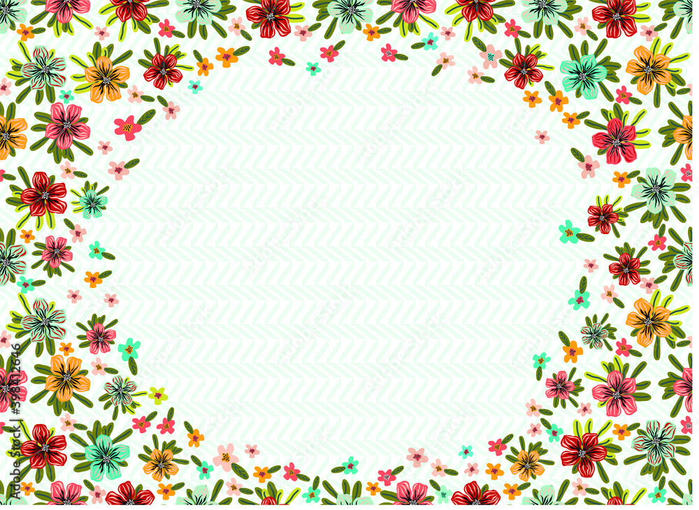 
Lovely vector frame pattern with tropical flowers and leaves. Botanical background for beautiful fabrics. Digtle illustration with floral designs