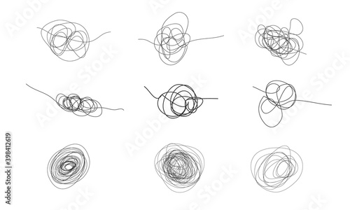  Insane messy line.Set of messy clew symbols connected between them line of symbols with scribbled round element,  Freehand drawing. Black and white  abstract scribbles, chaos doodles. Vector illustra