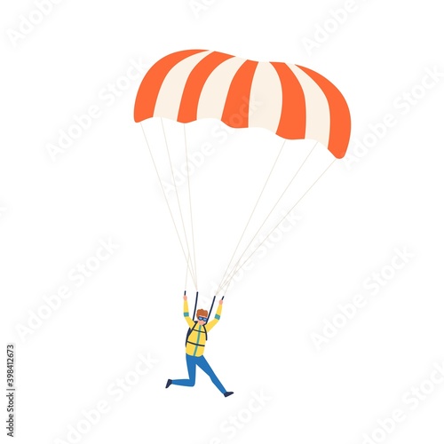 Young professional parachutist soaring in the sky. Paraglider jumping with parachute. Scene of extreme activity. Flat vector cartoon illustration of skydiver isolated on white