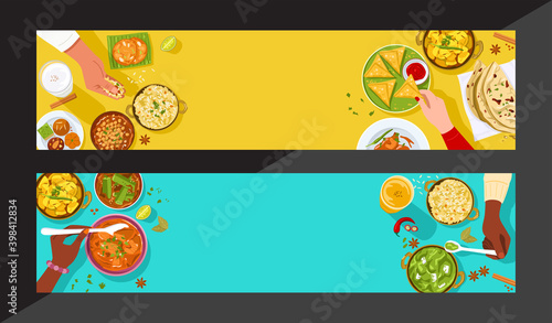 Food banner, Top view of people enjoying Indian food together.