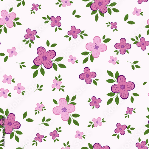Pink flowers and green branches with leaves on a white background. Small flowers seamless pattern. Design for fabric, packaging. Vector illustration.