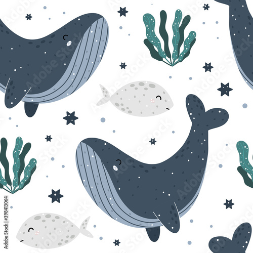 Cute childish seamless pattern with sea creatures: whale, fish and seaweed. Hand drawn Scandinavian style vector illustration.