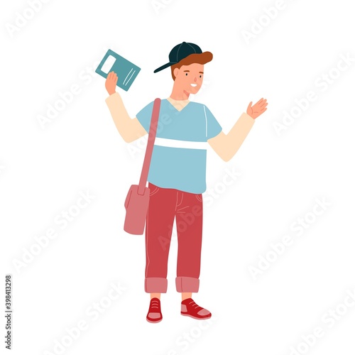 Modern teenage student holding notebook and waving hand. Pupil with schoolbag...