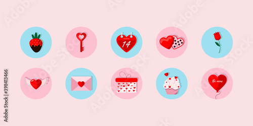 Set of icons and stickers for Valentine's Day. Vector set of stickers for design, social networks. Fashionable elements illustrated in the circles. Hearts and kisses. Vector illustration
