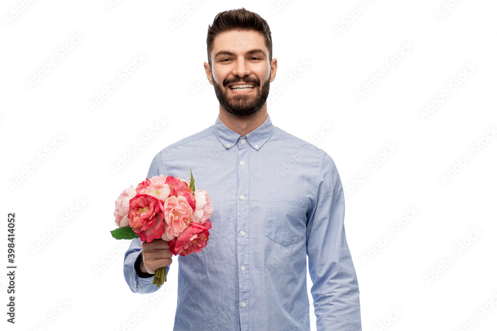 international women's day and greeting concept - happy smiling man with bunch of flowers over white background international women's day and greeting concept - happy smiling man with bunch of flowers over white background