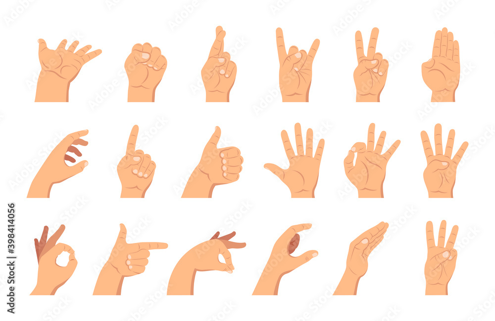 Hands set with different gestures, showing emotions with your fingers and holding a card and pen. Vector cartoon flat arm icon isolated on white background. Hands set with different gestures, showing emotions with your fingers and holding a card and pen. Vector cartoon flat arm icon isolated on white background.