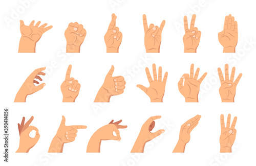 Hands set with different gestures  showing emotions with your fingers and holding a card and pen. Vector cartoon flat arm icon isolated on white background.