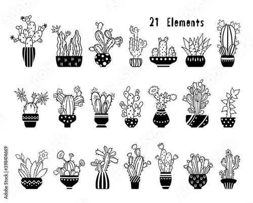 Black white line handdrawn cactus and succulent clipart - isolated potted cacti images on white background, vector bundle with desert palnts, black glyph hand made icons set