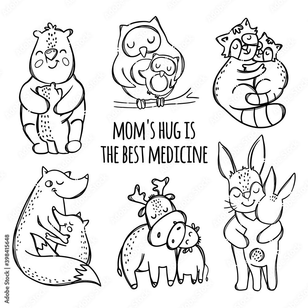 Obraz premium MOMS HUGE THEIR CHILDREN Cute Animals Hugs And Kisses Their Children Parental Relationship Monochrome Hand Drawn Clip Art Vector Illustration Set For Print