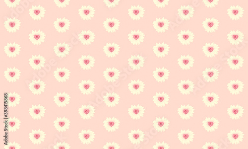 Seamless pattern of pink sunflower flower in shape of heart isolated on pink background. Happy valentine day concept