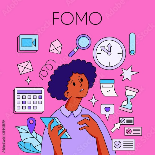FOMO - Fear Of Missing Out concept. Young woman is holding phone, surrounded with social media symbols and alerts -geotags, hearts. The girl is surprised, in shock, confused. Vector