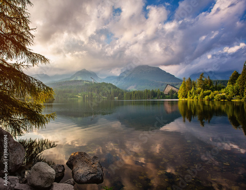 Mountain lake Strbske pleso in Slovakia at sunset. photo