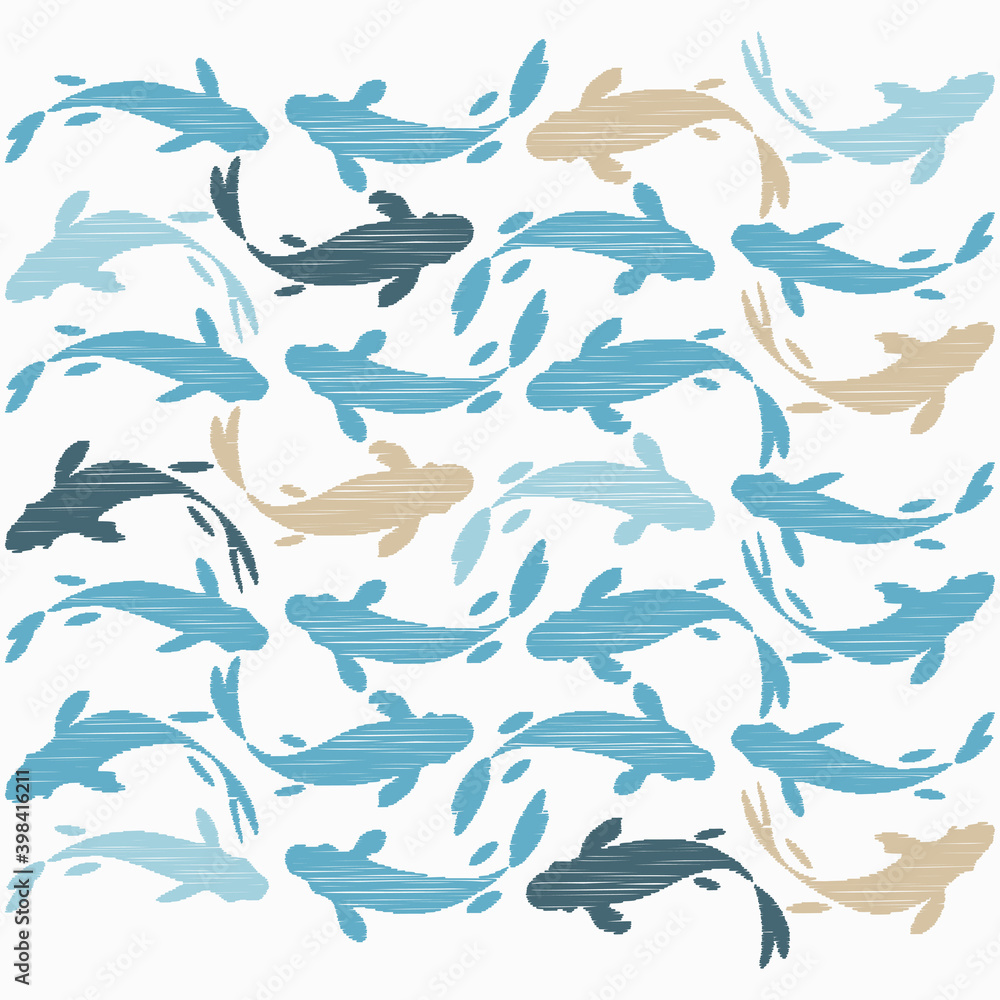 Chinese or Japanese seamless pattern Koi. Carp. Design with manual hatching. Textile. Vector illustration for web design or print. Chinese or Japanese seamless pattern Koi. Carp. Design with manual hatching. Textile. Vector illustration for web design or print.