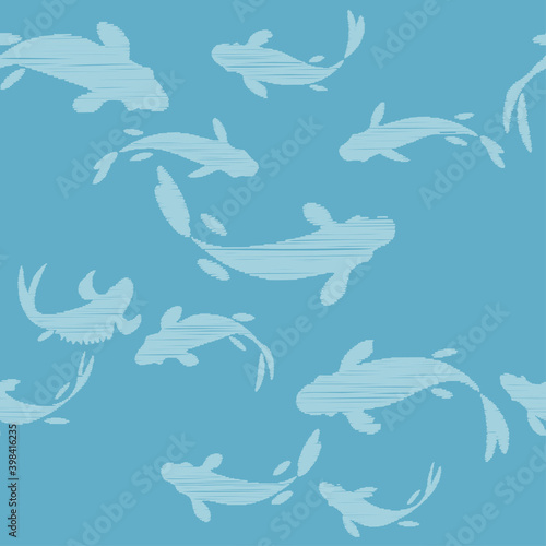 Chinese or Japanese seamless pattern Koi. Carp. Design with manual hatching. Textile. Vector illustration for web design or print. © lazininamarina