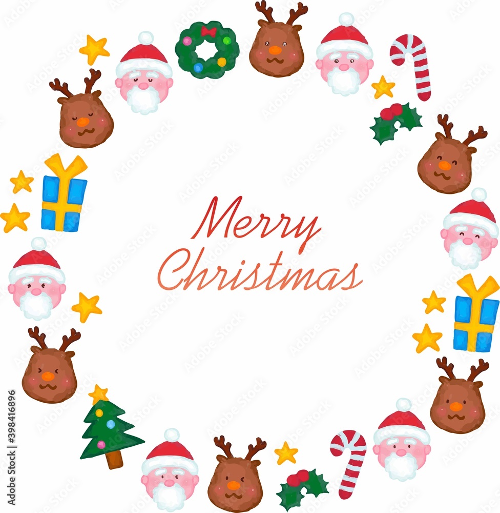 Fototapeta premium アクリル画風のクリスマスサンタトナカイ丸フレーム 文字有