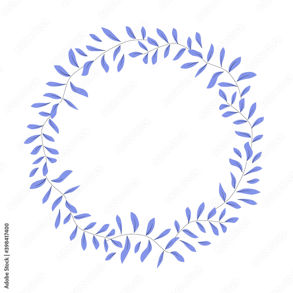 Fototapeta premium Round wreath of delicate blue branches and leaves with place for text. Hand drawn plant clip art for card invitation social media template. Stock vector flat illustration isolated on white background.
