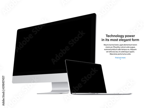 computer display and laptop silver color with black screen saver isolated on white background. realistic and detailed mockup of monitor and notebook. stock vector 3d isometric illustration