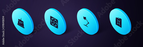 Set Isometric Canister for gasoline, Table lamp, Computer cooler and Pudding custard icon. Vector.