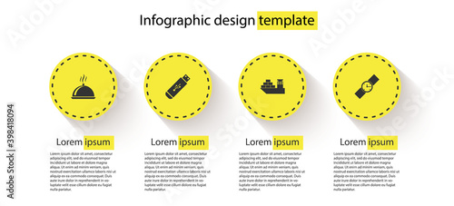 Set Covered with tray of food, USB flash drive, Cargo ship and Wrist watch. Business infographic template. Vector.
