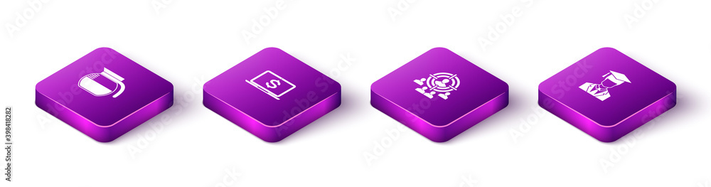 Set Isometric Coffee pot, Laptop with dollar, Marketing target strategy and Graduate graduation cap icon. Vector. Set Isometric Coffee pot, Laptop with dollar, Marketing target strategy and Graduate graduation cap icon. Vector.