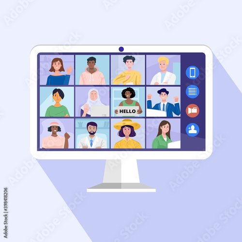 Video conferencing at home, Online conference with coworkers through a computer. Vector Illustration