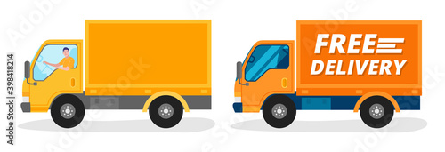 Free delivery service. Delivery man driving a truck. Vector