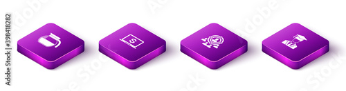 Set Isometric Coffee pot, Laptop with dollar, Marketing target strategy and Graduate graduation cap icon. Vector.