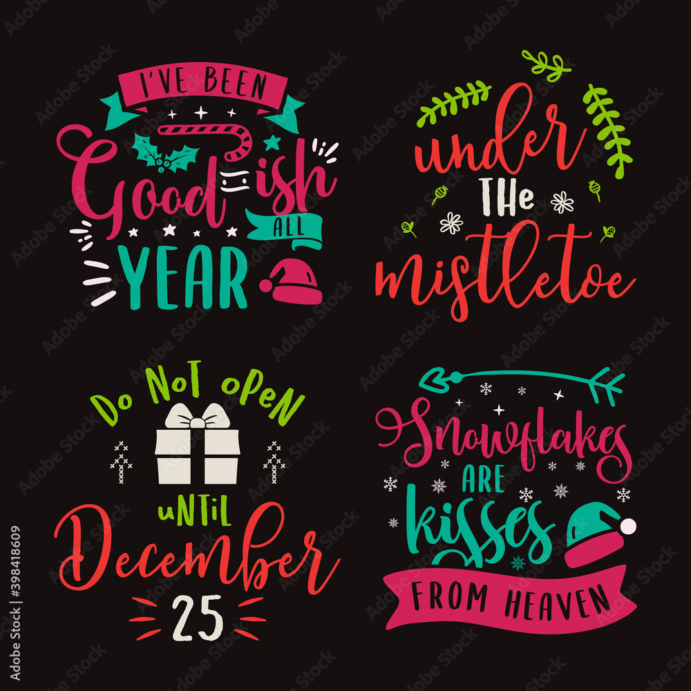 Christmas calligraphy quotes set. Silhouette typography designs for xmas decoration, cards, t shirts, mug, other prints with texts and holiday elements. Stock lettering bundle colorful