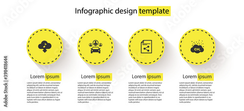 Set Cloud download music, Car sharing, Share file and Methane emissions reduction. Business infographic template. Vector.