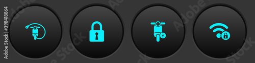 Set Electric scooter, Lock, and Wifi locked icon. Vector.