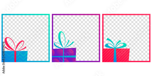 Gift box banner set. Social media post layout. Christmas sale, birthday, giveaway frame template. Vector illustration.