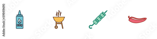 Set Ketchup bottle, Barbecue grill, Grilled shish kebab and Hot chili pepper pod icon. Vector.