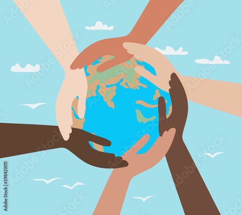 hands of people with different colors of skin, holding the planet Earth. concept of protection of peace and life, equality of race and tolerance. Intercultural relations and political commutation