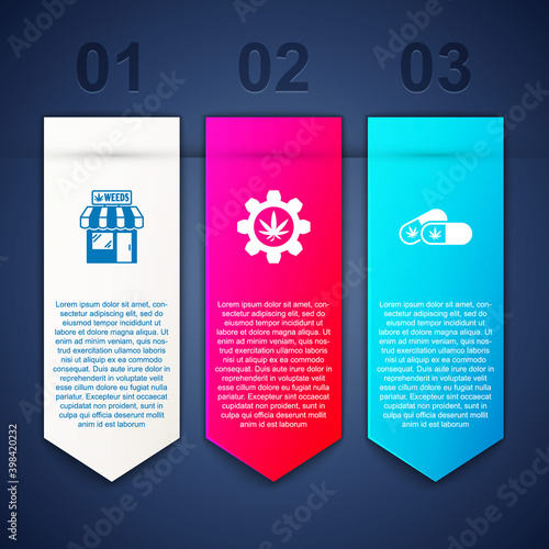 Set Marijuana and cannabis store, Test tube with marijuana and Medical pills. Business infographic template. Vector.
