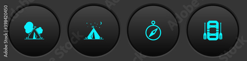 Set Tourist tent with flag, , Compass and Rafting boat icon. Vector.