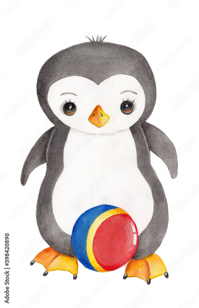 Fototapeta premium Cute cartoon little penguin with a ball , watercolor hand drawn art, illustration, icon. Isolated on white background.