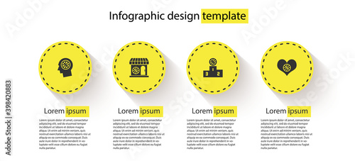 Set Thoughts on a basketball, Sports shop and, winner podium and Heart with. Business infographic template. Vector.