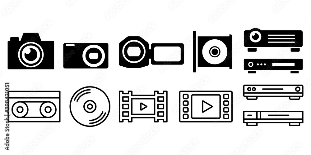 Vecteur Stock ビデオカメラ撮影録画のベクターイラストアイコンセット白黒 Adobe Stock