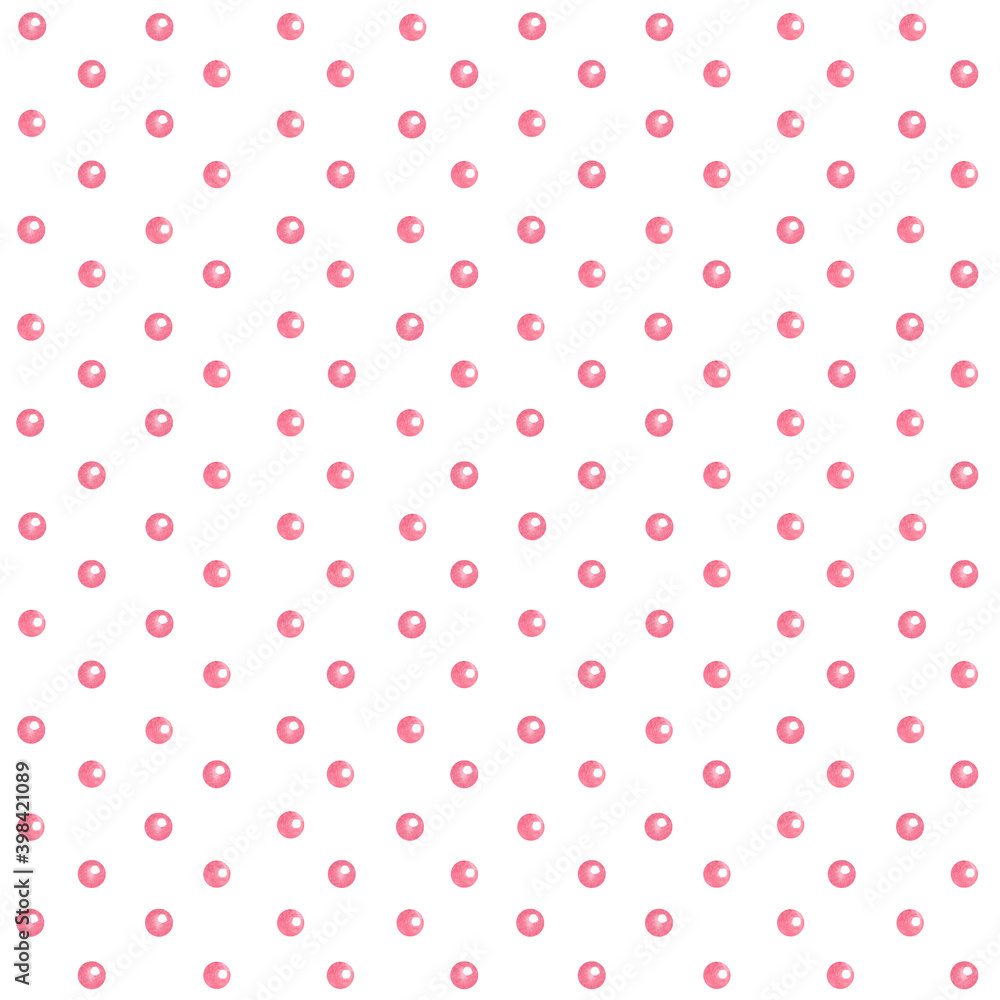 Watercolor seamless pattern with pink pearls or polka dots on white background. Great for fabrics, wrapping papers, wallpapers, covers. Hand painted illustration.