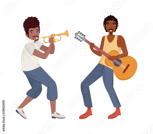 People playing musical instruments set. Afro-american men playing guitar and trumpet together cartoon vector