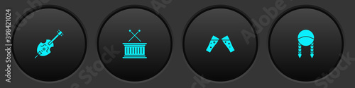 Set Violin, Musical drum and sticks, Glass of beer and Braid icon. Vector.