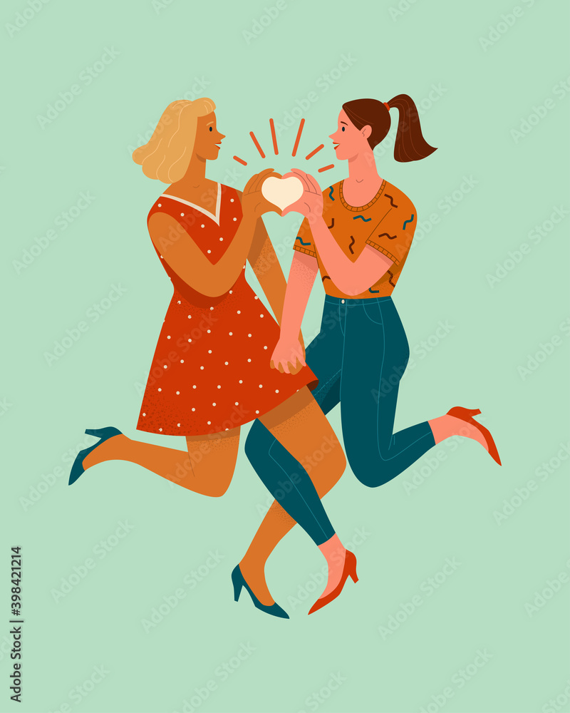 Lesbian couple concept. Vector illustration of two young happy women  holding hands in trendy flat style. Isolated on light blue background  Векторный объект Stock | Adobe Stock