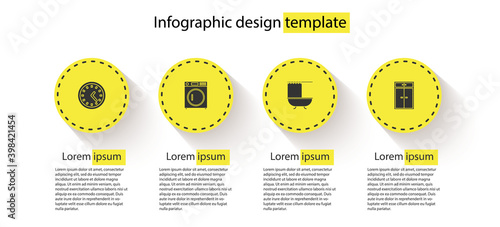 Set Clock, Washer, Bathtub with shower curtain and Wardrobe. Business infographic template. Vector.